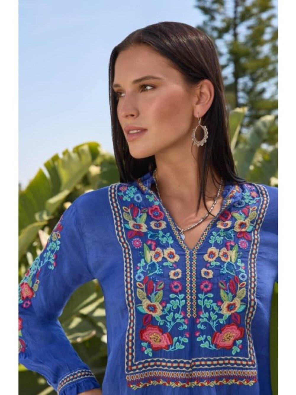 NWT Johnny Was $298 Blue Floral Embroidered Simone Blouse Size XL